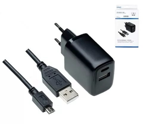 Adaptador de carregamento USB PD/QC 3.0 incl. cabo micro USB de 2 m 20W, 3,6V~5,9V/3A; 6~9V/2A; 9V~12V/1,5A